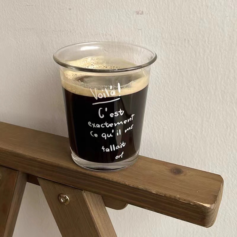 French letter-printed glass cups, iced Americano coffee cups, transparent ins style household women's drinking cups, latte cups details Picture