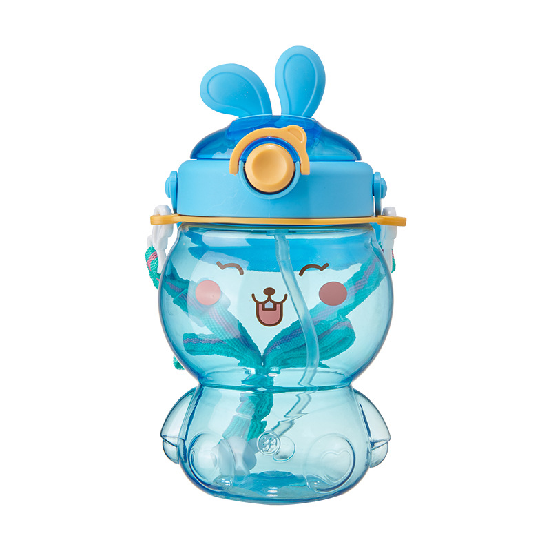 Best-selling cute little rabbit children's outdoor sports water bottle, cartoon large-capacity plastic water cup with shoulder strap straw cup Item Picture