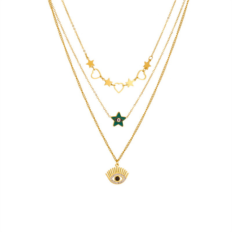 European and American fashion, creativity, individuality, retro multi-layer layered gold-plated titanium steel heart-shaped eye star-shaped accessory chain necklace Item Picture