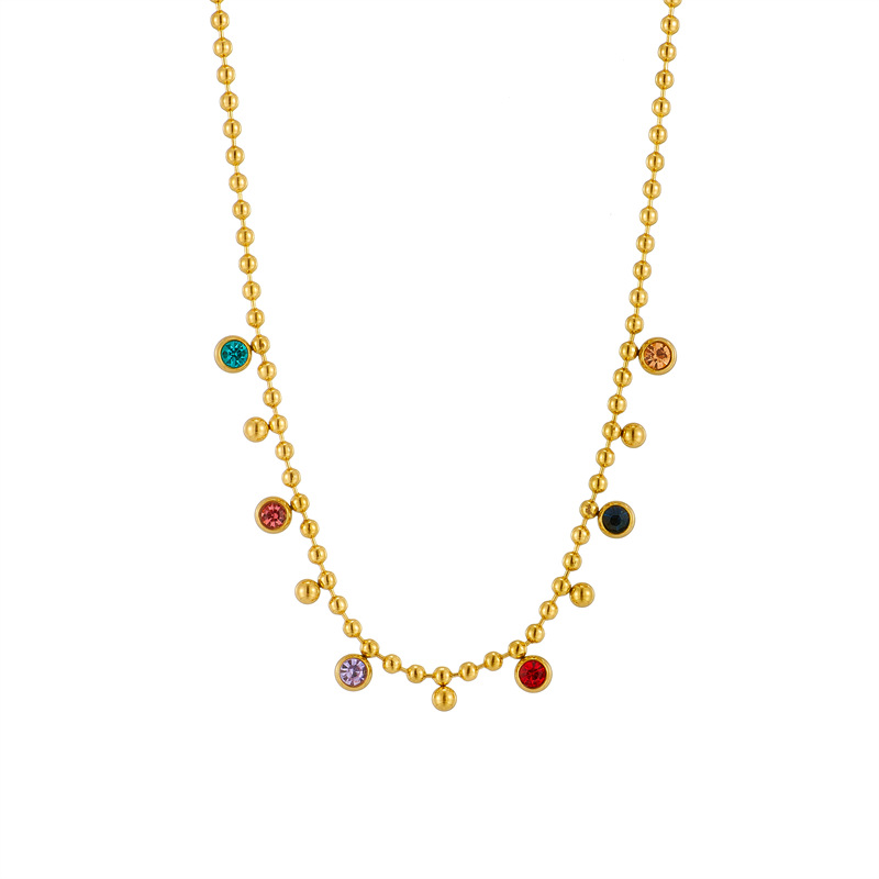 European and American cross-border retro, simple, niche, fashionable and versatile colorful round diamond pendant titanium steel metal necklace Item Picture
