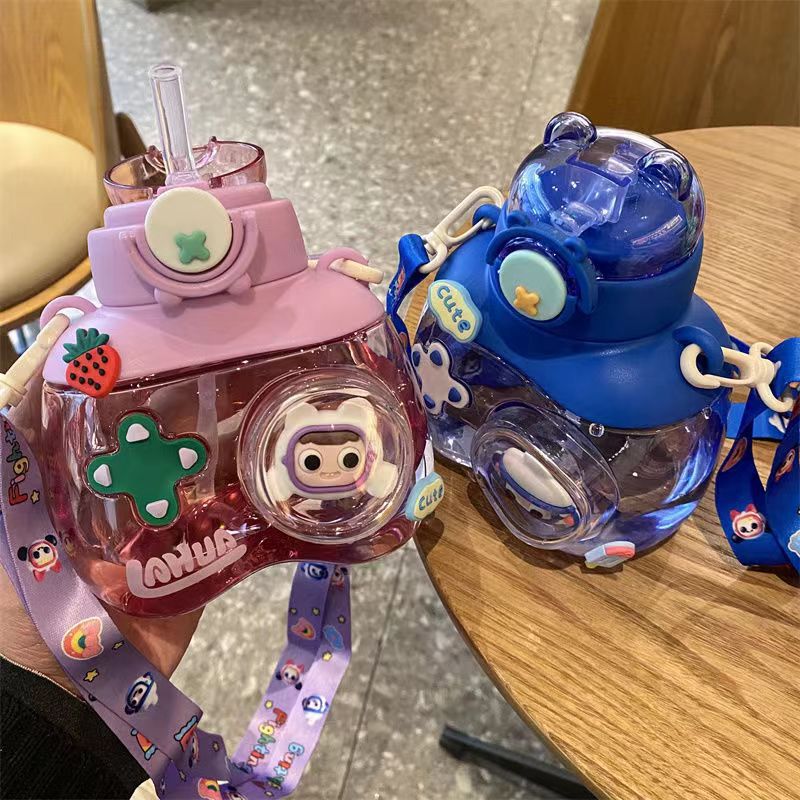 2024 New cartoon children's plastic water cup Straw cup O Little X Bear Shoulder strap portable high-temperature resistant student water bottle full figure