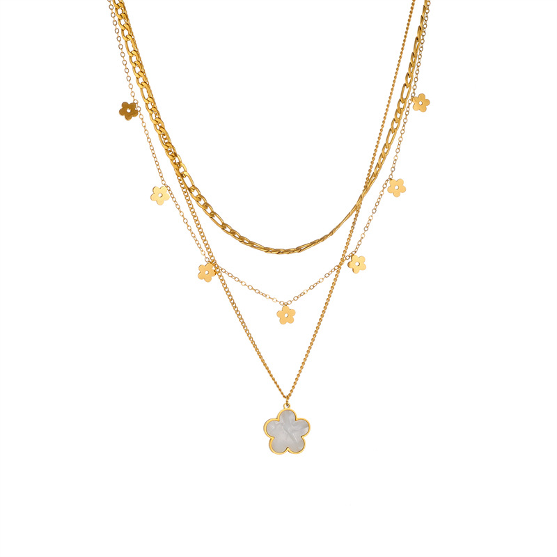 Korean-style fashionable and versatile retro gold-plated flower stainless steel pendant chain multi-layer layered jewelry necklace Item Picture