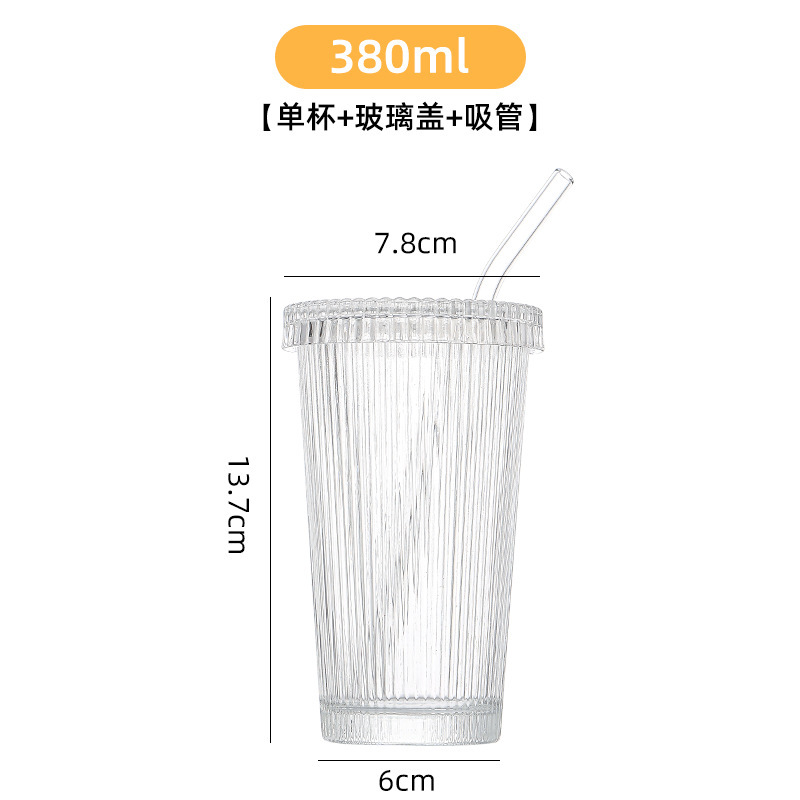 Cross-border InS-style simple vertical striped glass with lid straw cup, high appearance level, cold cup for juice, milk, coffee and beverages Application Scenario