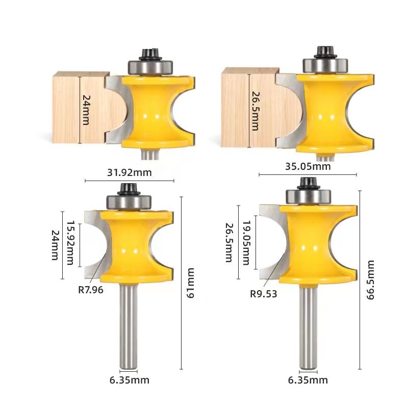 1/4 handle bearing semi-circular knife, 12 handles woodworking milling cutters, five ball milling cutters, and 8 handles of wooden stick trimming and engraving machine Specification drawing