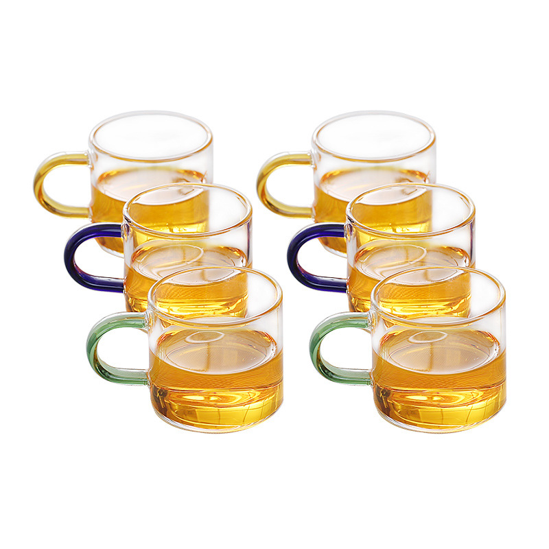 Wholesale square high borosilicate glass cups with handles, transparent creative water cups, student gift tea cups, colored handles, and tasting cups Item Picture