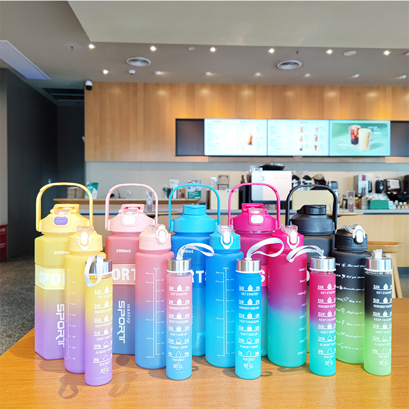 Large-capacity PET plastic cup gradient three-piece set, double-drinking straw water cup, outdoor sports portable handle cold water bottle full figure