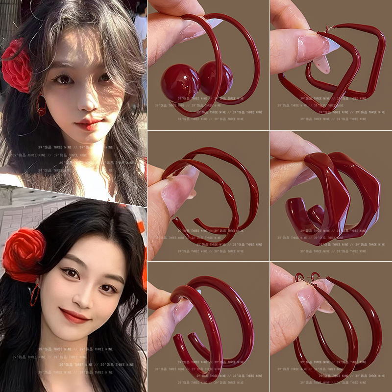 Retro Hong Kong-style Ankela red ring earrings for women, 2024 new bestseller stud earrings, elegant and high-end autumn and winter earrings full figure