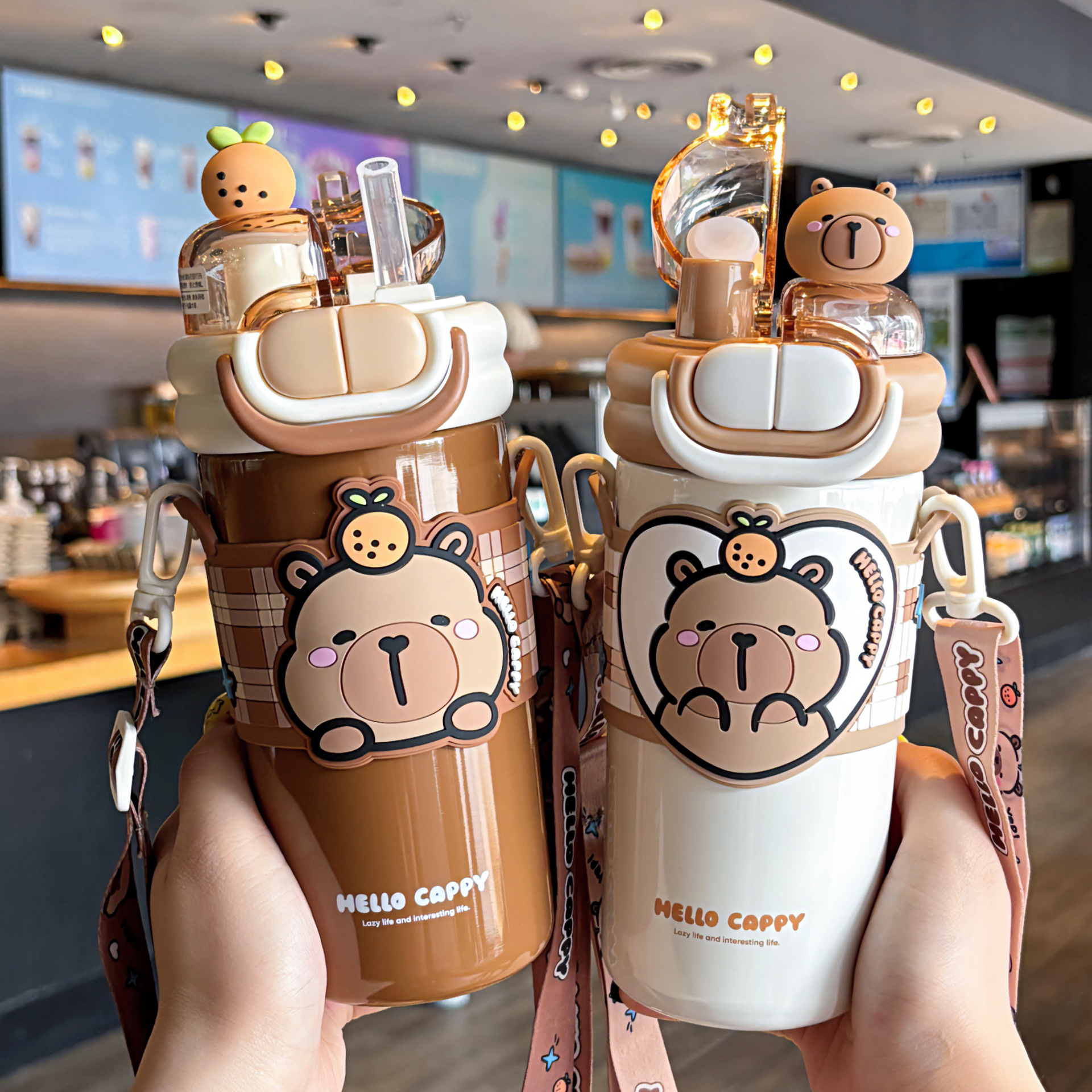 Gao Yan Kapibala cartoon double-drinking thermos cup, adjustable cup, convenient to carry, rope lock design water cup details Picture