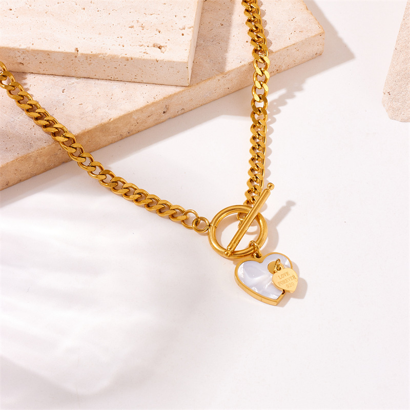 European and American fashion niche design gold-plated titanium steel OT buckle chain shell heart pendant jewelry necklace Specification drawing