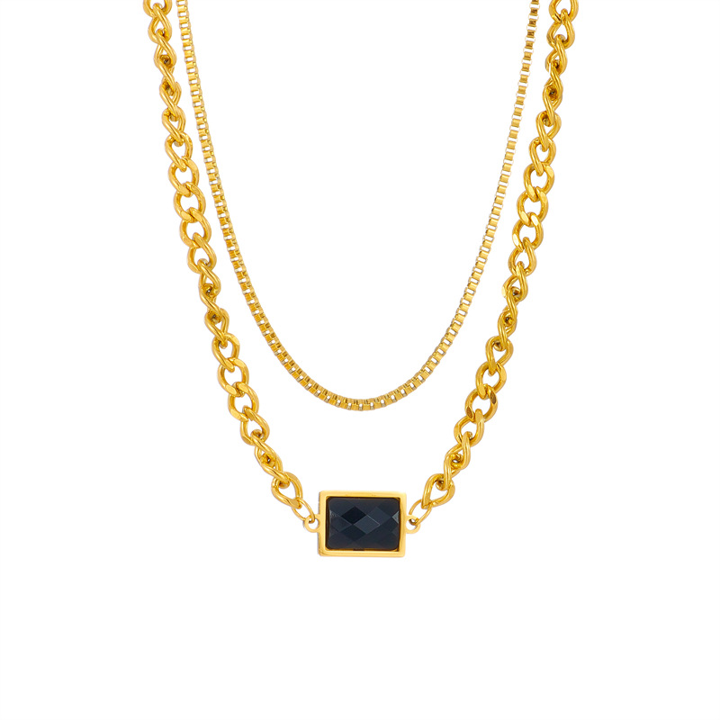 European and American cross-border high-end retro light luxury simple rectangular black diamond double-layer titanium steel non-fading chain necklace Item Picture