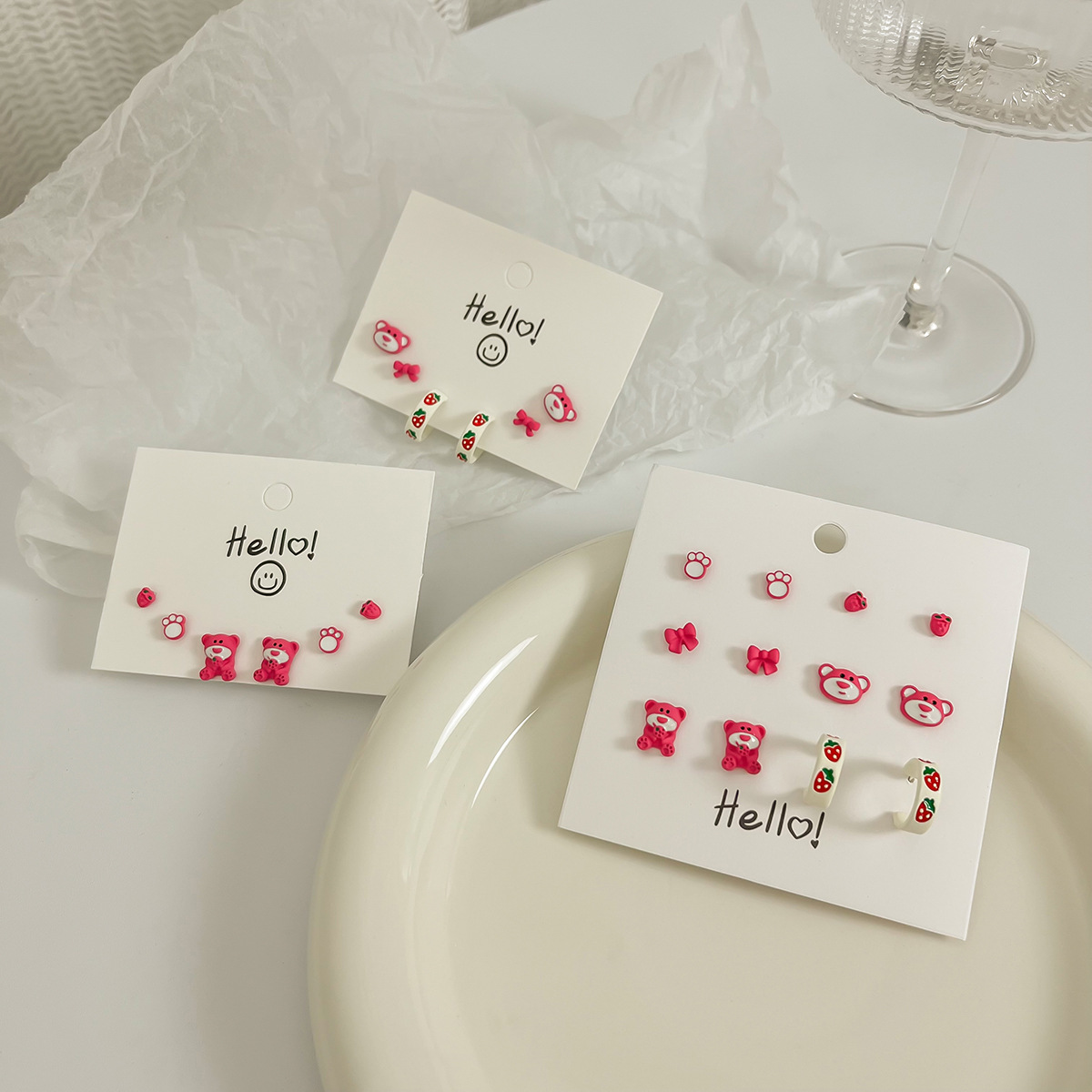 The popular Strawberry Bear series silver needle stud earrings 2024 new style earrings for female students, cute and small earrings, stud earrings full figure