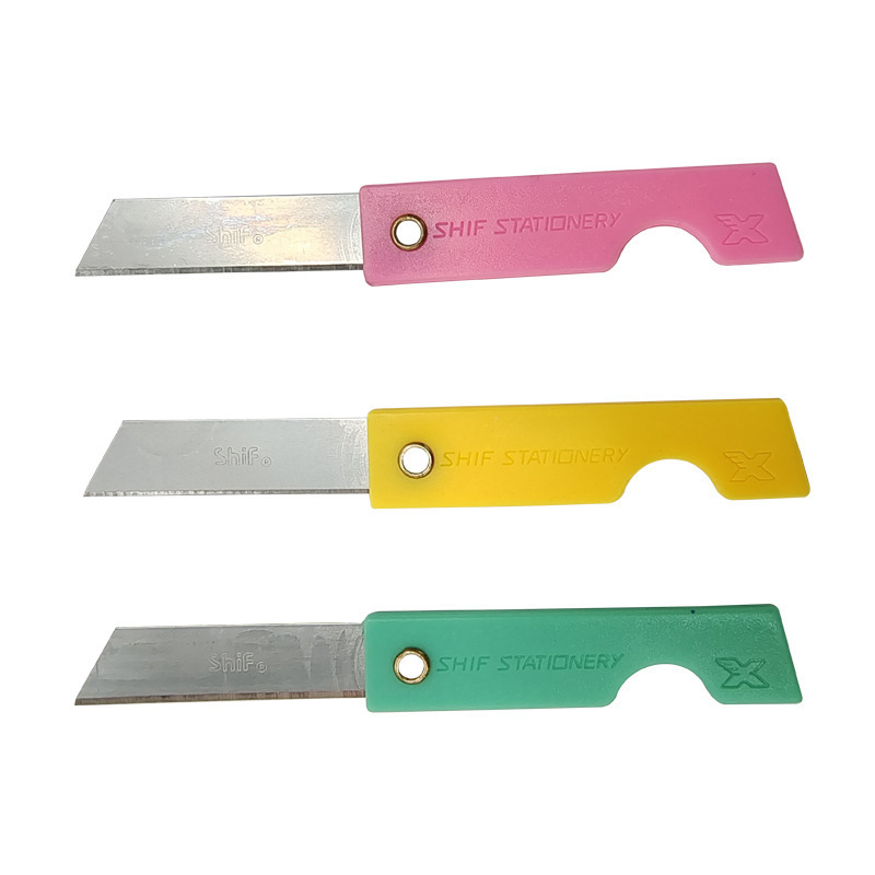Plastic shell folding knife box set, four-color student portable pen sharpener, express box opening knife factory wholesale Specification drawing