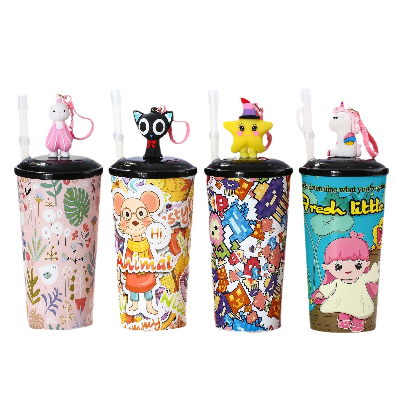 Factory direct sales of all kinds of cartoon animal figurines, such as PP550ML straw cups, milk tea bottles, pandas and unicorns Item Picture