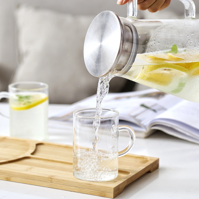 Wholesale high borosilicate glass cold water kettles in stock, large capacity, modern and simple, flat square handle, glass tied kettle Specification drawing
