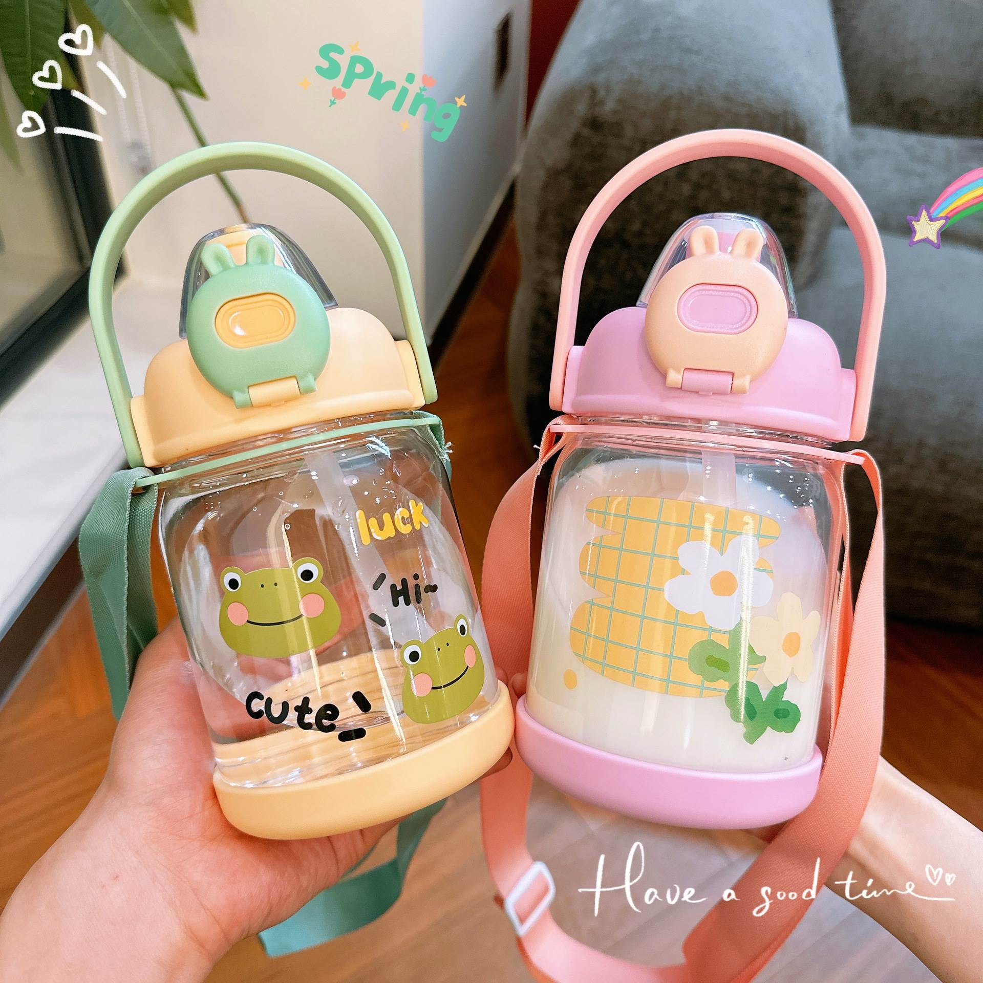 New cute water cup, high appearance level, large capacity water bottle for teenage students, portable hand-held outdoor summer straw cup Specification drawing