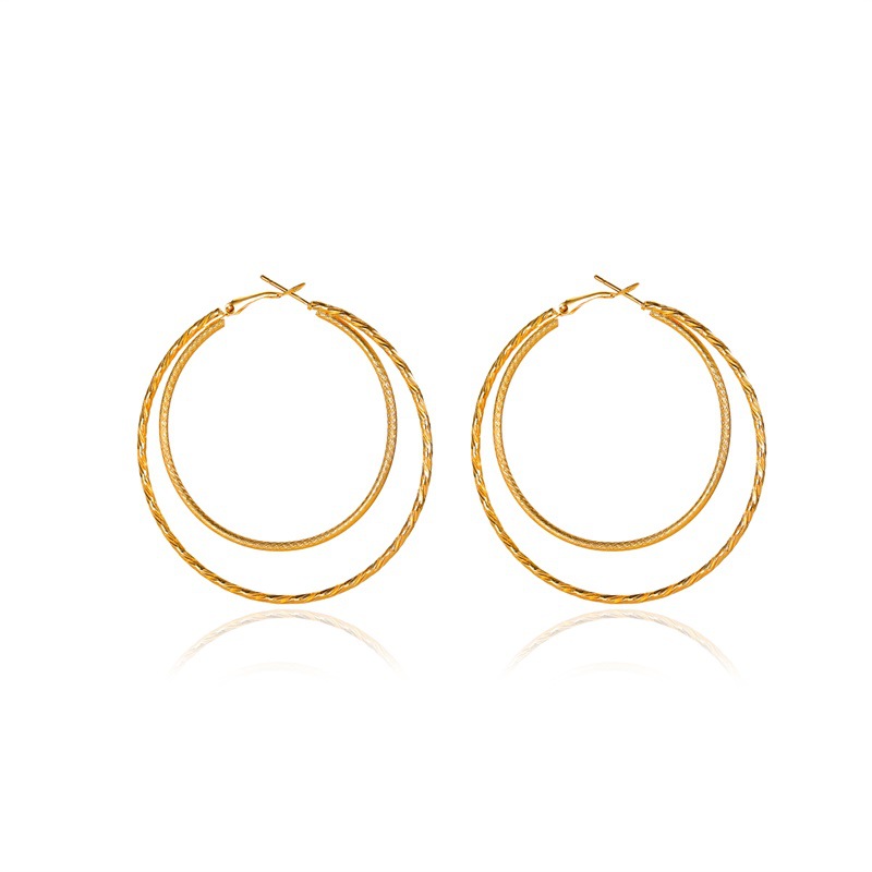 Simple and elegant double-layer large circle earrings, exaggerated geometric carved circular ring earrings and stud earrings, cross-border accessories Item Picture