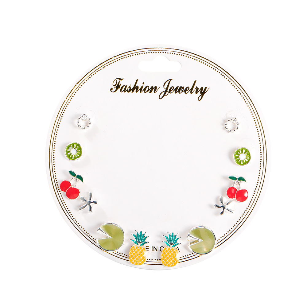 Japanese and Korean fresh fruit stud earrings set, sweet oil-dripping strawberry and cherry earrings 6-piece set, geometric fun earrings for women Item Picture