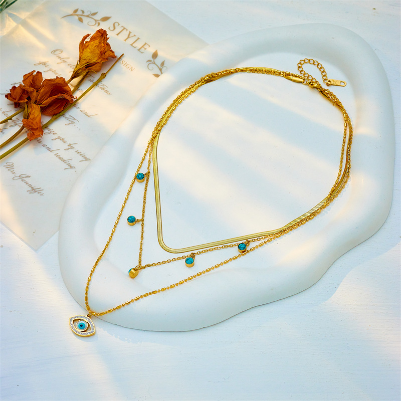 European and American cross-border fashion accessories multi-layer chain turquoise hollowed-out diamond-encrusted blue eye pendant collarbone necklace Specification drawing