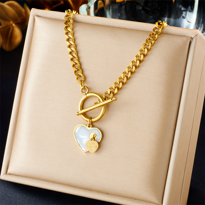 European and American fashion niche design gold-plated titanium steel OT buckle chain shell heart pendant jewelry necklace full figure