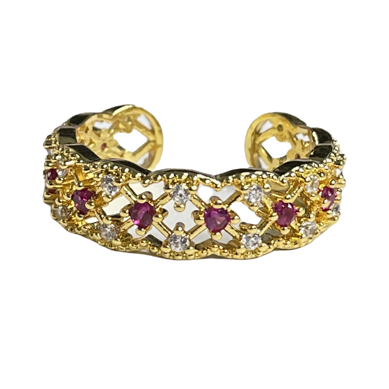 The new cross-border product, the hollowed-out red diamond personalized opening ring, is versatile and elegant in a cold style for women on Instagram. It's a trendy index finger ring that can make the skin look fairer Item Picture