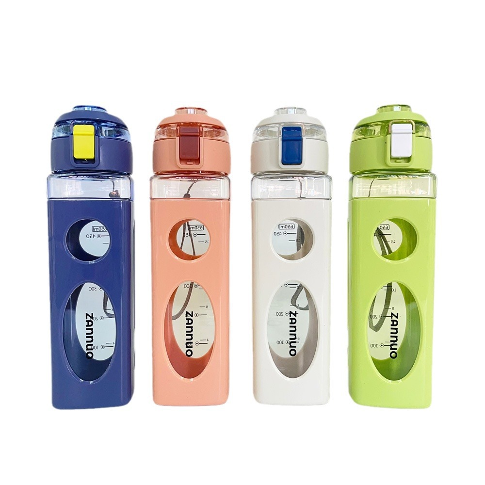 Summer double-layer pop-up lid, easy-to-hold portable rope drinking plastic cup, graduated sports water bottle, 650ml for male and female students Item Picture