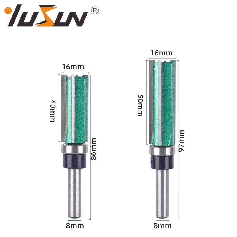 Yusheng four-edge bearing straight knife paint green woodworking milling cutter features a 4-tooth slotted handle with a bearing trimming machine head Specification drawing