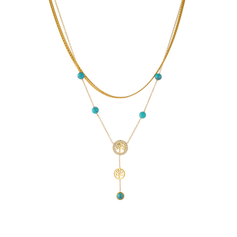 European and American retro, simple and fashionable double-layer gold-plated stainless steel chain tassel life tree blue turquoise accessory necklace Item Picture