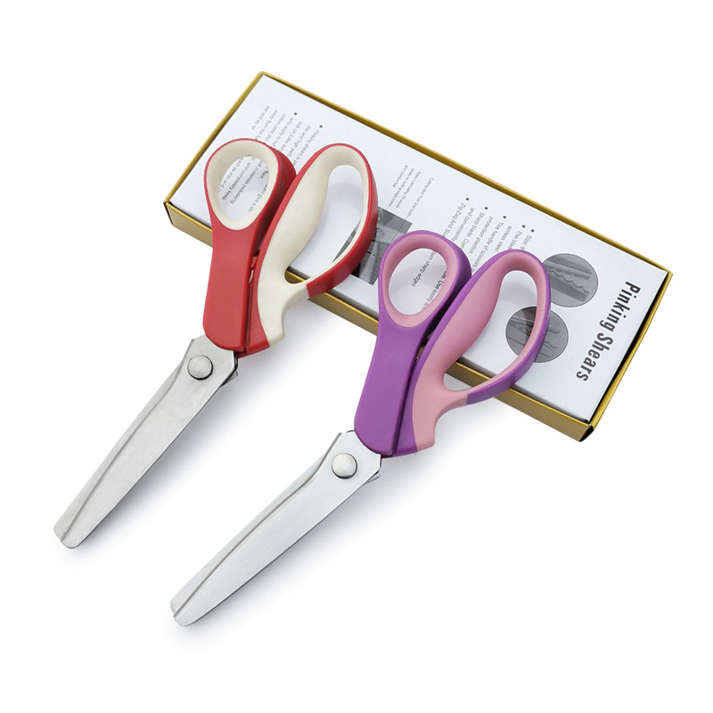 Two-color stainless steel toothed fabric scissors, fabric scissors, clothing scissors, serrated wavy arc scissors, sewing lace scissors details Picture