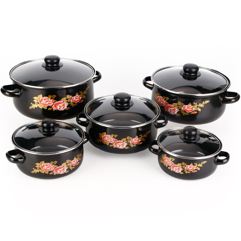 Enamel five-piece pot set, enamel soup pot, stew pot, boiling pot, glass lid, 16/18/20/22/24cm, exported to Europe and America details Picture