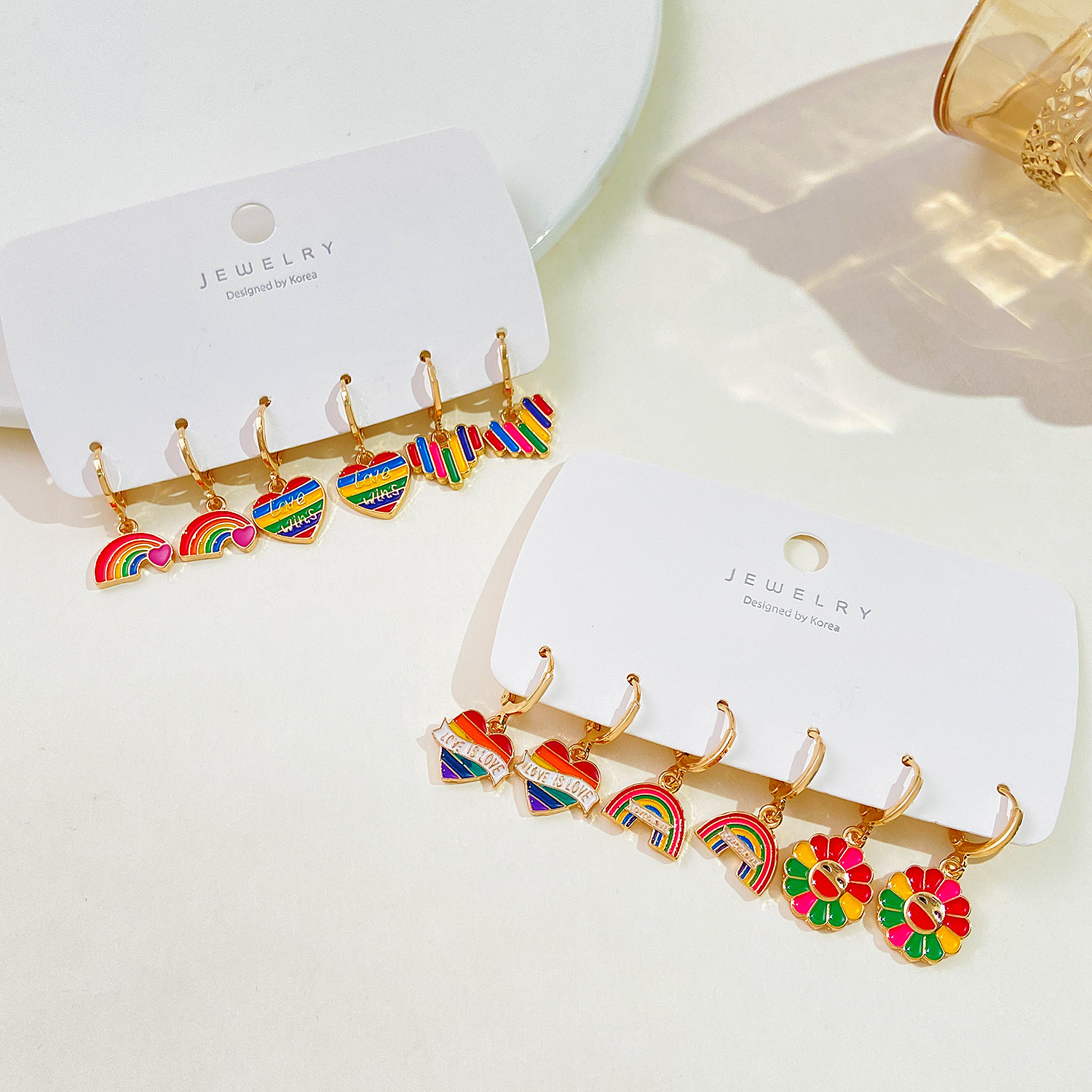 Colorful oil-dripping earrings set, European and American ins cloud flag bow heart earrings, cross-border women's accessories Application Scenario