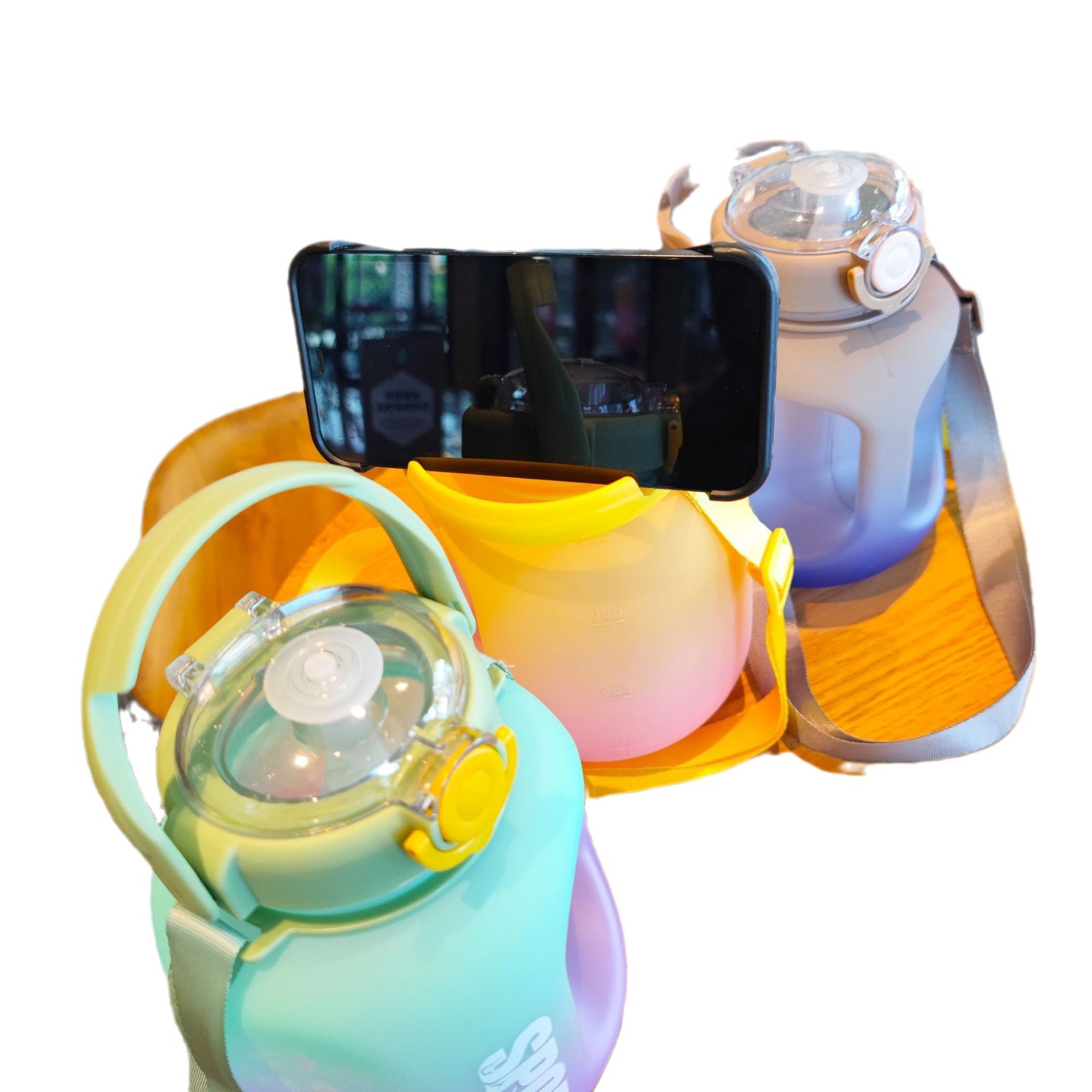 Gradient frosted large-capacity, irregular-shaped flat water bottle, sports and fitness water bucket, portable rope, duckbill hot water cup Item Picture