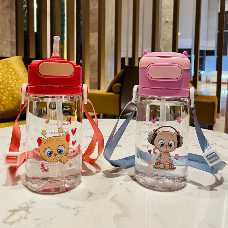 New dual-purpose water bottle for primary school students, featuring a drawstring, straw, cartoon, shockproof plastic water bottle with a jumping cap and scale full figure