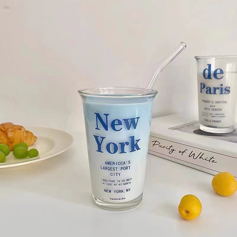 Ins-style French letter glass cups, internet-famous water cups, high school girls' appearance level, student breakfast cups, milk cups full figure