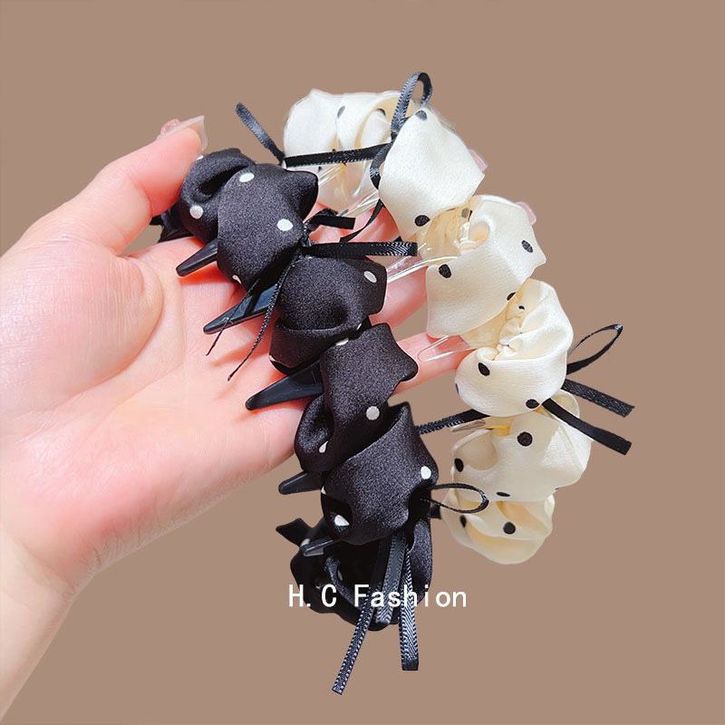 Three-dimensional pleated polka dot bow tooth comb headband for women, high headband on both sides of the head, toothed anti-slip hairpin headwear Specification drawing