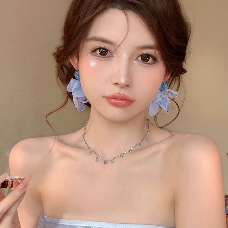 Super fairy-like blue chiffon earrings for women, 2025 new style bestsellers, high-end stud earrings, summer seaside vacation flower earrings Specification drawing
