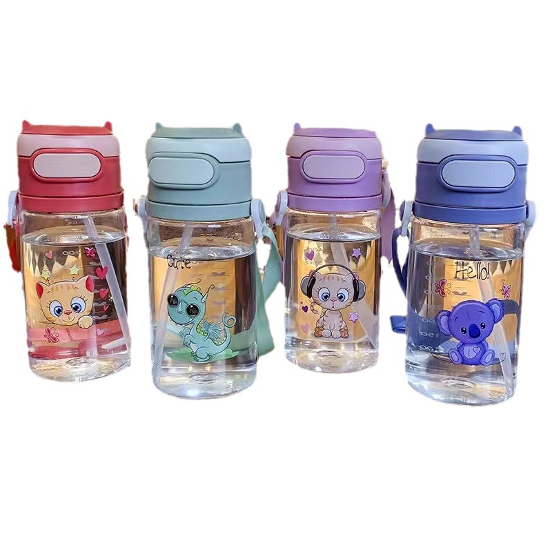 New dual-purpose water bottle for primary school students, featuring a drawstring, straw, cartoon, shockproof plastic water bottle with a jumping cap and scale Item Picture