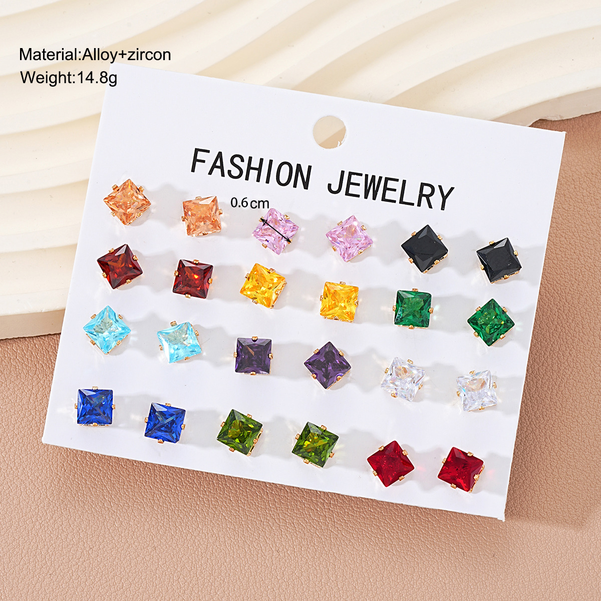 A set of 12 pieces of fashionable, colorful square zirconia stud earrings from Europe and America, featuring a unique and elegant dopamine high-end earrings details Picture