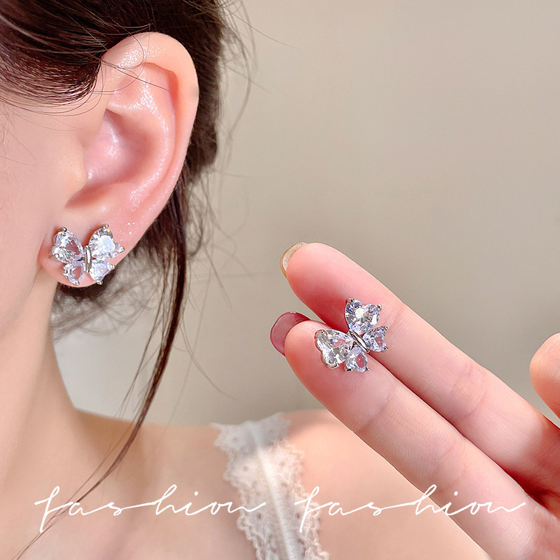 Super Sparkling butterfly Zircon stud earrings for women, light luxury, niche, exquisite and high-end style earrings, cool and elegant, versatile earrings details Picture