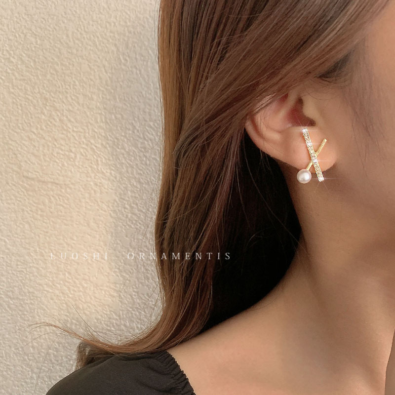 S925 Silver Needle cross-geometric Pearl Earrings, feminine bright diamond stud earrings, French elegance, ladylike goddess wholesale Specification drawing