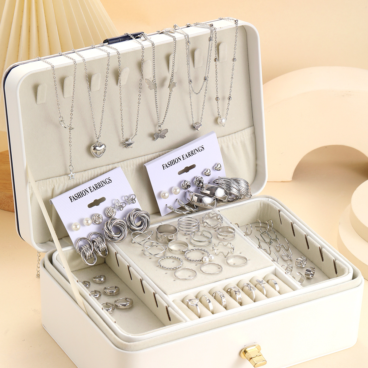 Cross-border best-selling European and American fashionable and simple ins alloy jewelry sets, large sets of women's earrings, necklaces and rings wholesale Specification drawing