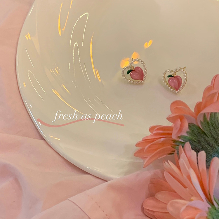 Pink and tender peach heart-shaped pearl earrings, women's inS-style niche design, high-end sweet earrings, elegant stud earrings Specification drawing
