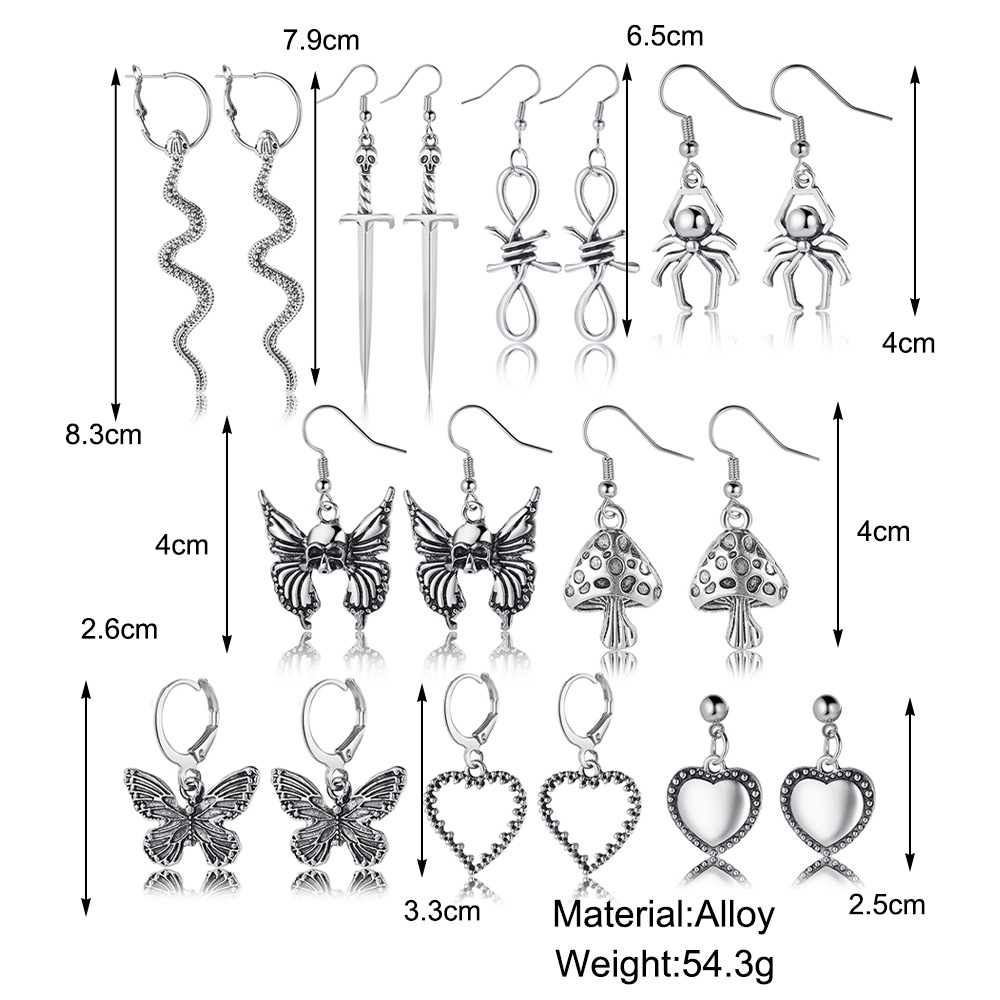 Wholesale of 9-piece retro alloy earrings from Europe and America, featuring creative butterfly, heart, mushroom, snake and spider pendants details Picture