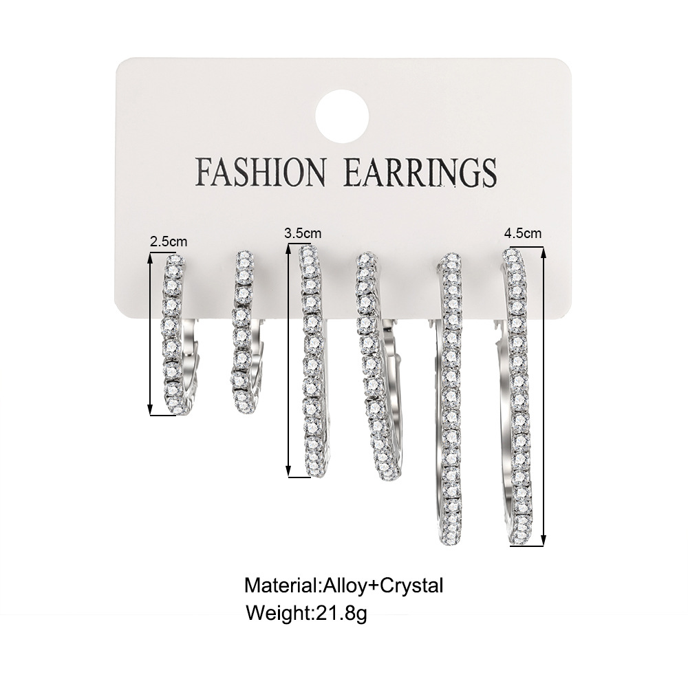 European and American fashionable shiny earrings, high-end, creative and simple with rhinestones, exaggerated large, medium and small ring ear rings 3 pairs Application Scenario