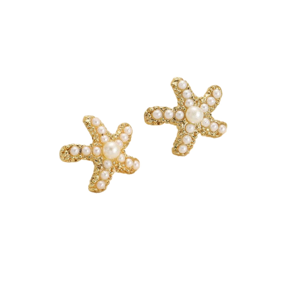 Popular cross-border fashionable, individual, small and elegant earrings from Europe and America, retro pearl inset, simple star and sea star stud earrings for women Item Picture
