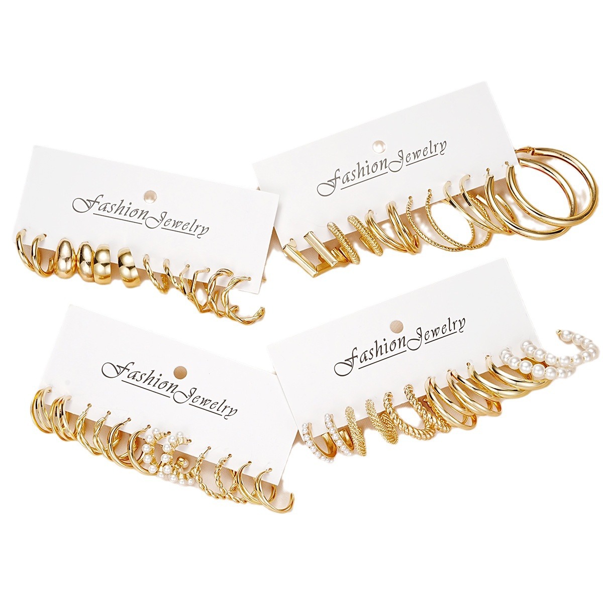 Cross-border best-selling metallic texture C-shaped earrings, creative geometric three-tube imitation pearl twist earrings and earrings set Item Picture