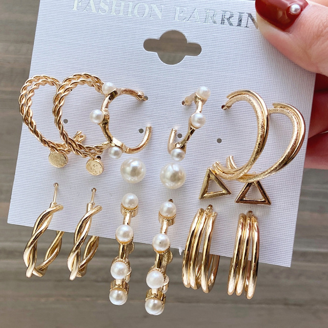 52251 European and American cross-border best-selling C-shaped earrings, retro imitation pearl ring earrings Set of Nine pieces Specification drawing