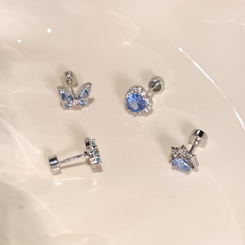The trend of fresh and light blue butterfly star zircon full diamond ear studs, women's sparkling fine needle flat bottom ins style ear bone studs Specification drawing