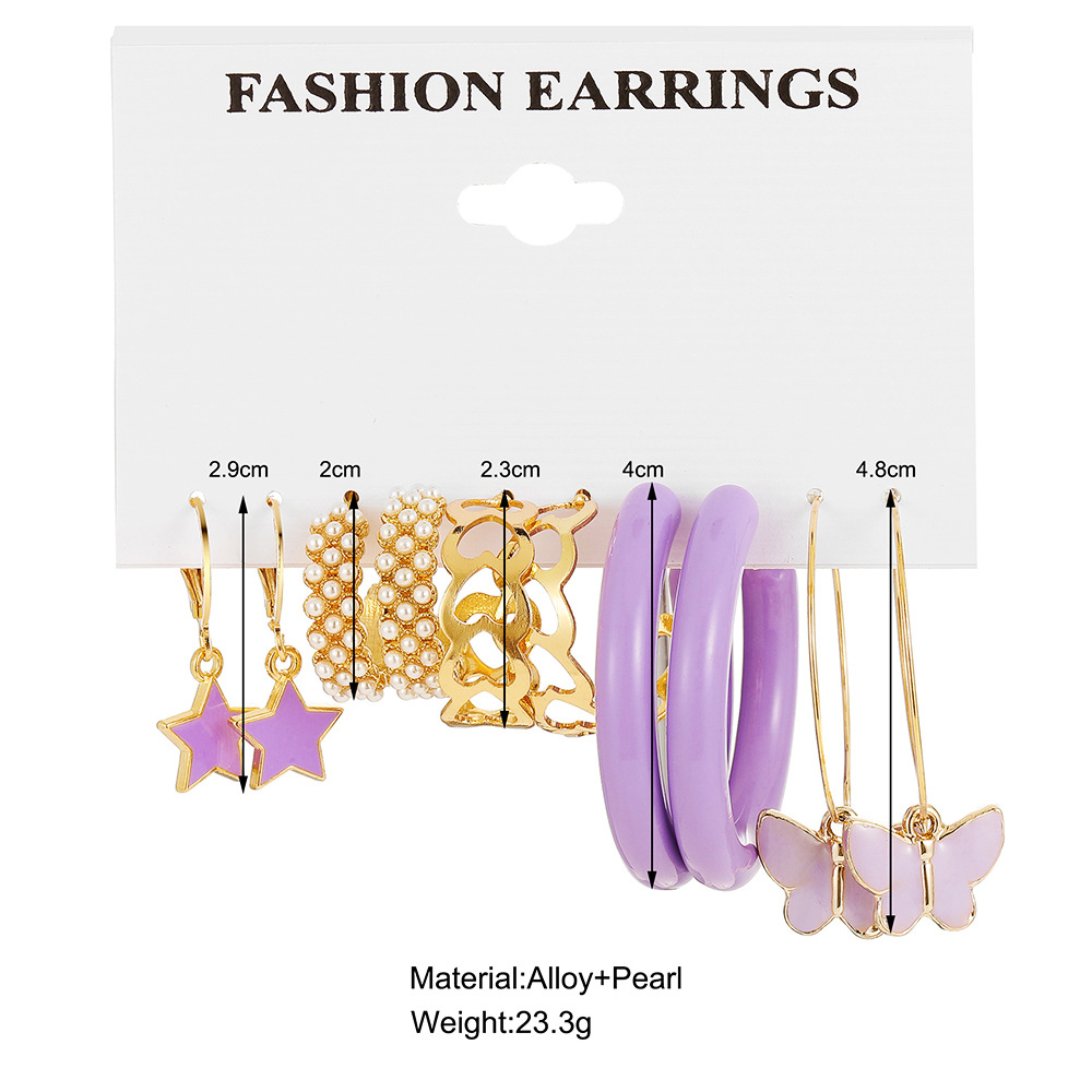 A 5-piece purple butterfly earring set for European and American export, with a retro style and a high-end look like pearl earrings details Picture