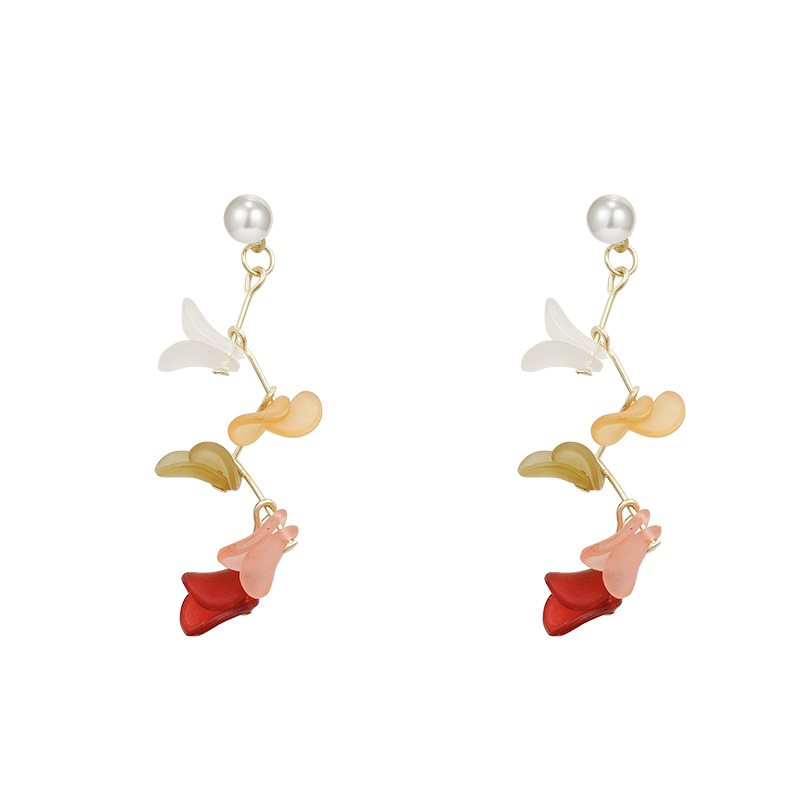 Ethereal tassel petal pearl earrings, high-end and light luxury style, long round face slimming, vacation earrings for women Item Picture