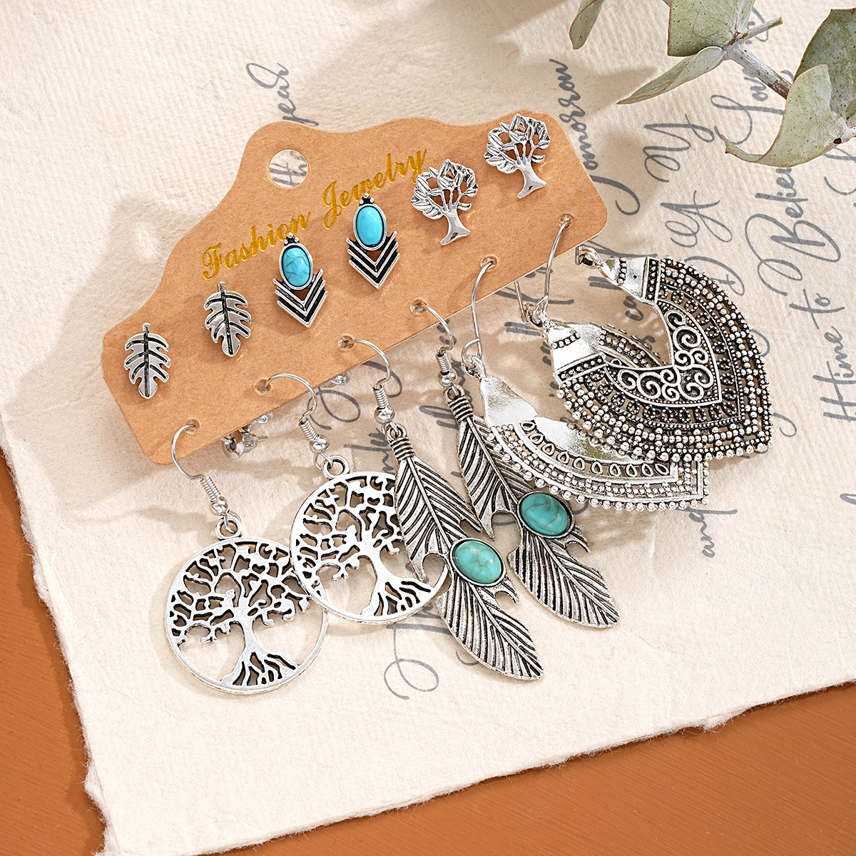 A set of 6-piece cross-border Bohemian-style turquoise carved earrings for women, featuring a retro and individualistic style Specification drawing